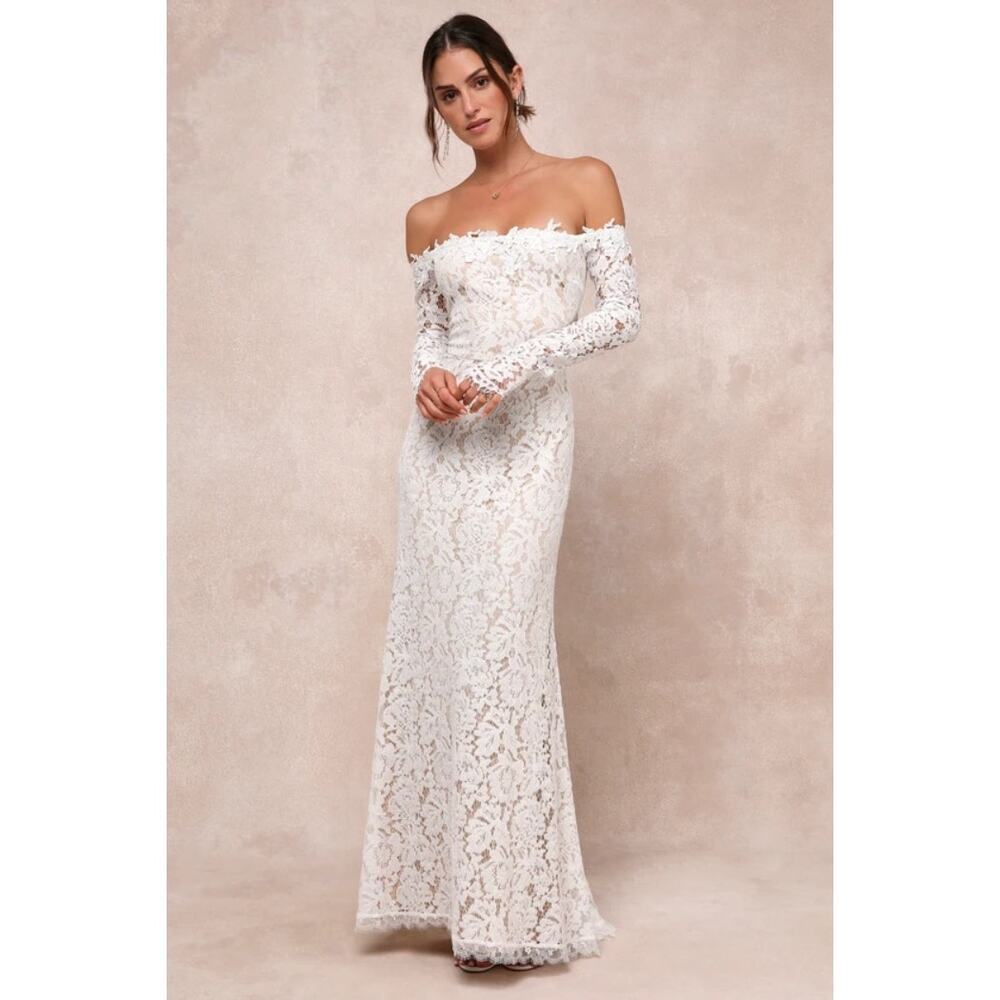 NWT Lulus Romance Dreamer White Lace Off-the-Shoulder Maxi Dress Bridal Bride L